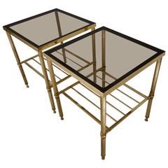 Maison Baguès Large Pair Brass Side Tables with Shelf, 1970s, French