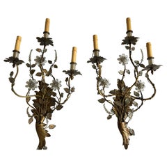 Pair of French Crystal and Brass Floral Wall Sconces, Possibly Mason Baguès