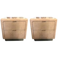 Pair of Vintage 1980s Brass and Faux Goatskin Nightstands