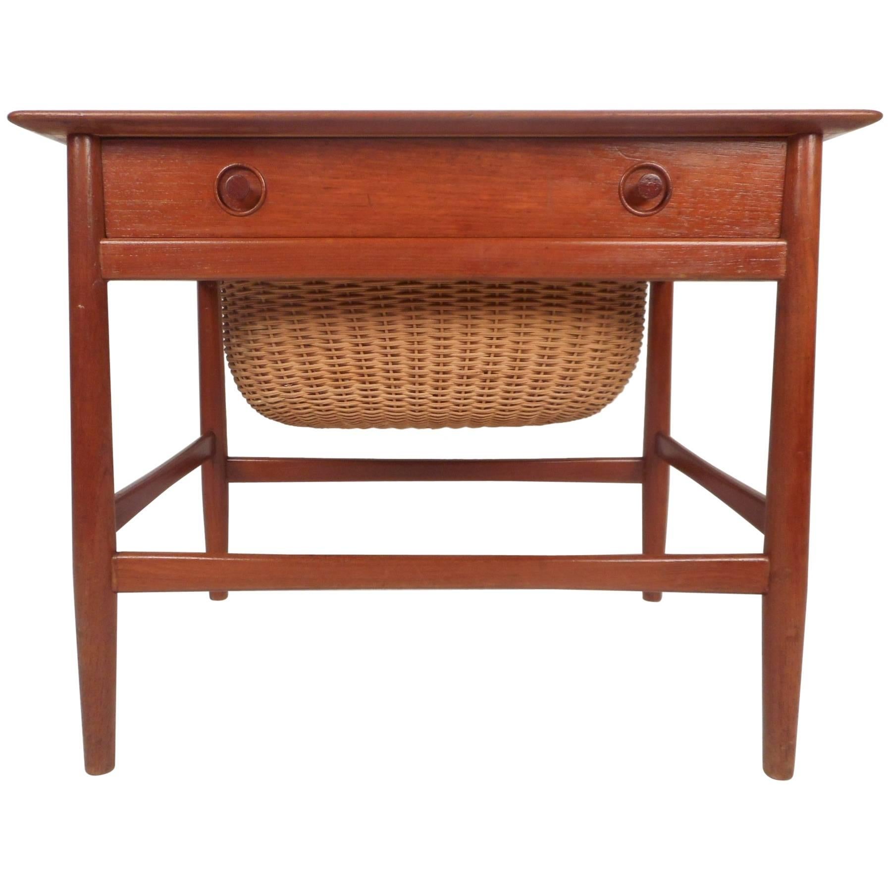 Mid-Century Modern Danish Teak Sewing Basket End Table For Sale