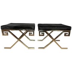 Pair of Recent Chrome "X" Benches or Footstools with Hide Upholstery