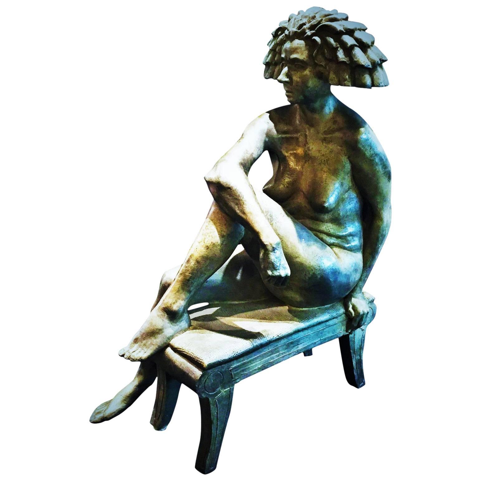 Bernard Langlais, Seated Nude, Contemporary Bronze Sculpture, circa 1993 For Sale