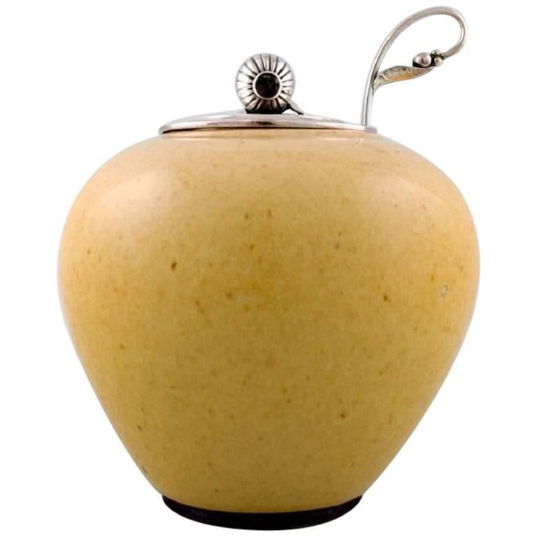 Saxbo and Georg Jensen, Large Saxbo Ceramic Vase with Sterling Silver Lid