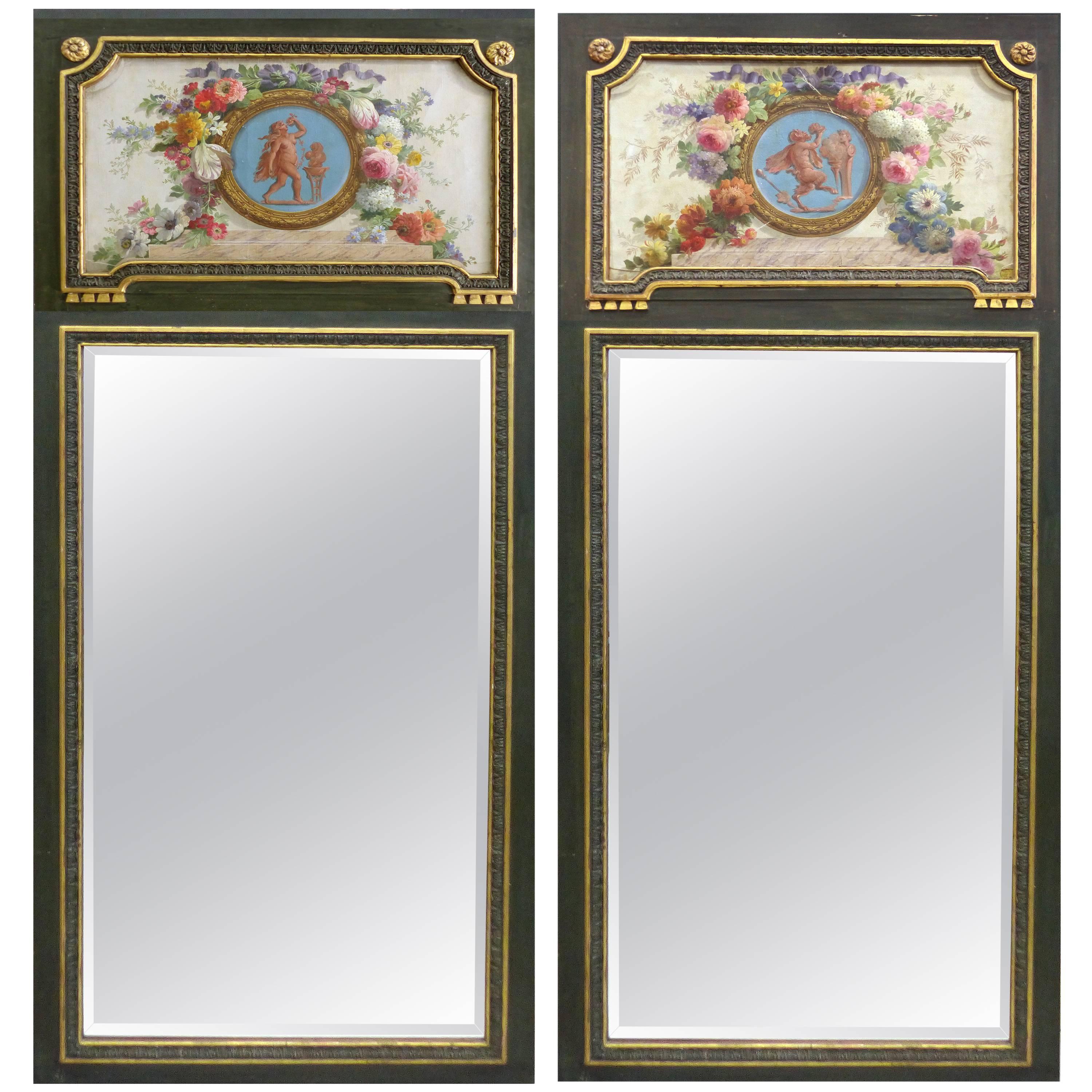 Monumental French Hand-Painted Trumeau Mirrors, Pair