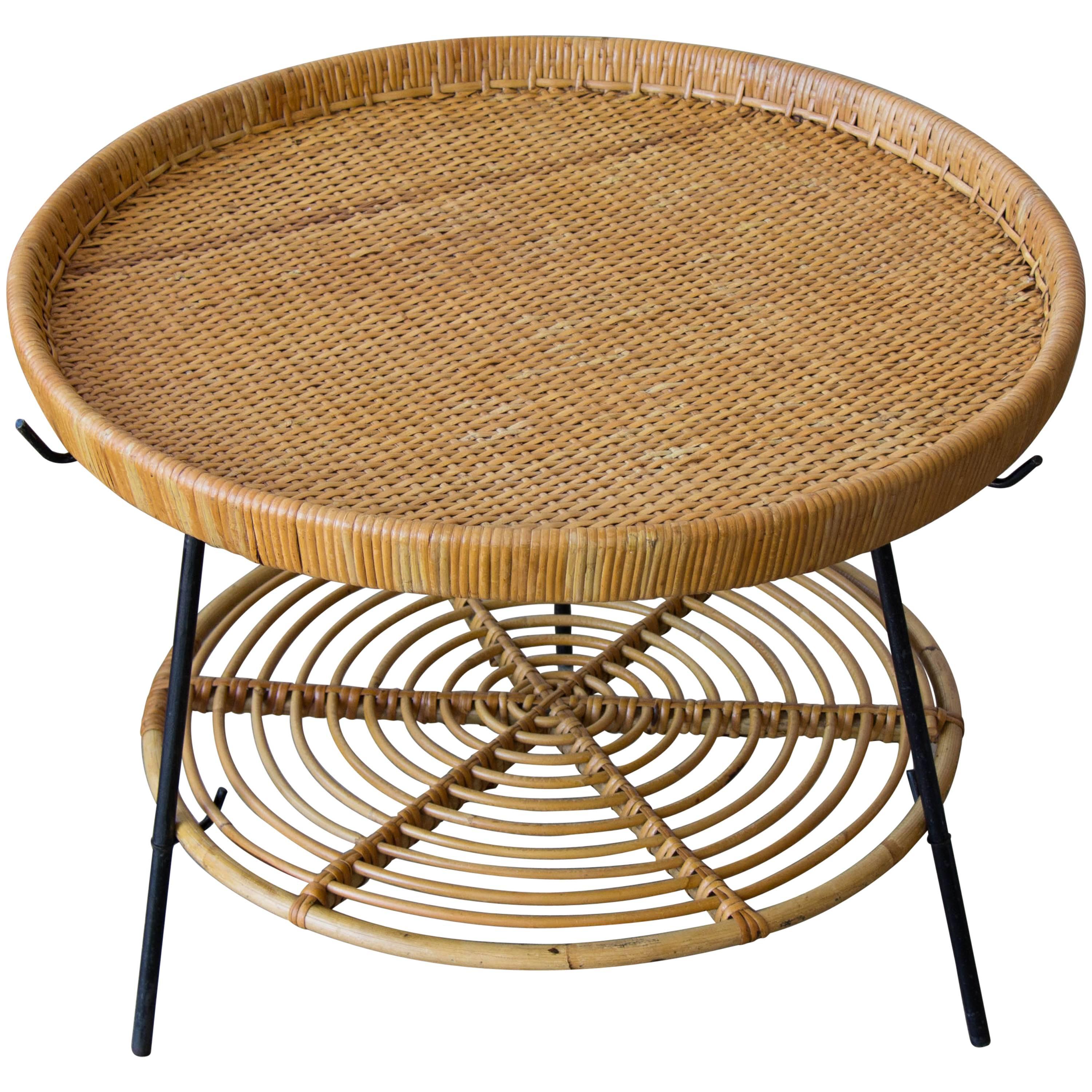 Rattan Two-Tier Tray Table with Wrought Iron Legs