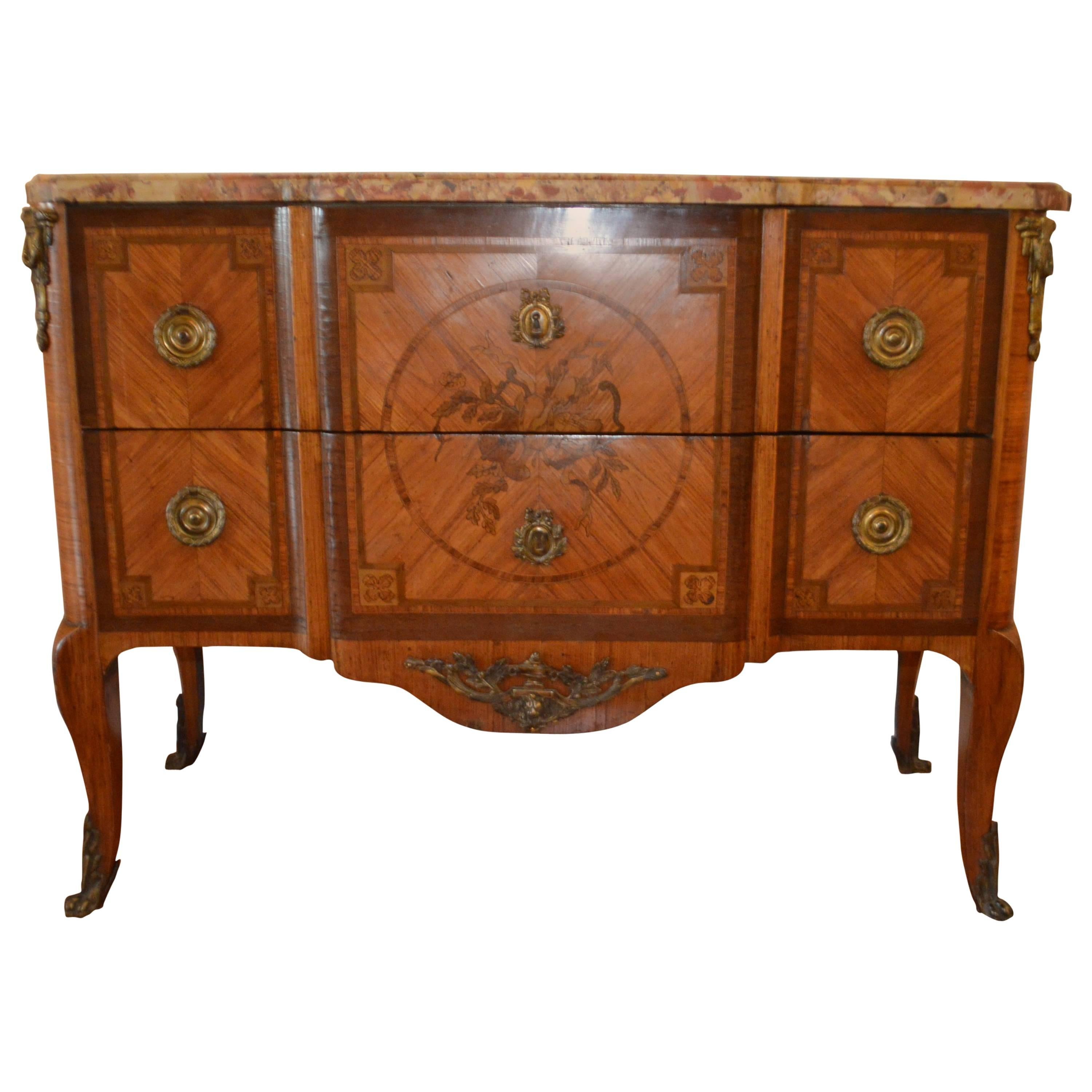 19th Century Transitional style Tulip Wood Inlay Commode with Original Marble For Sale