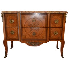 19th Century Transitional style Tulip Wood Inlay Commode with Original Marble