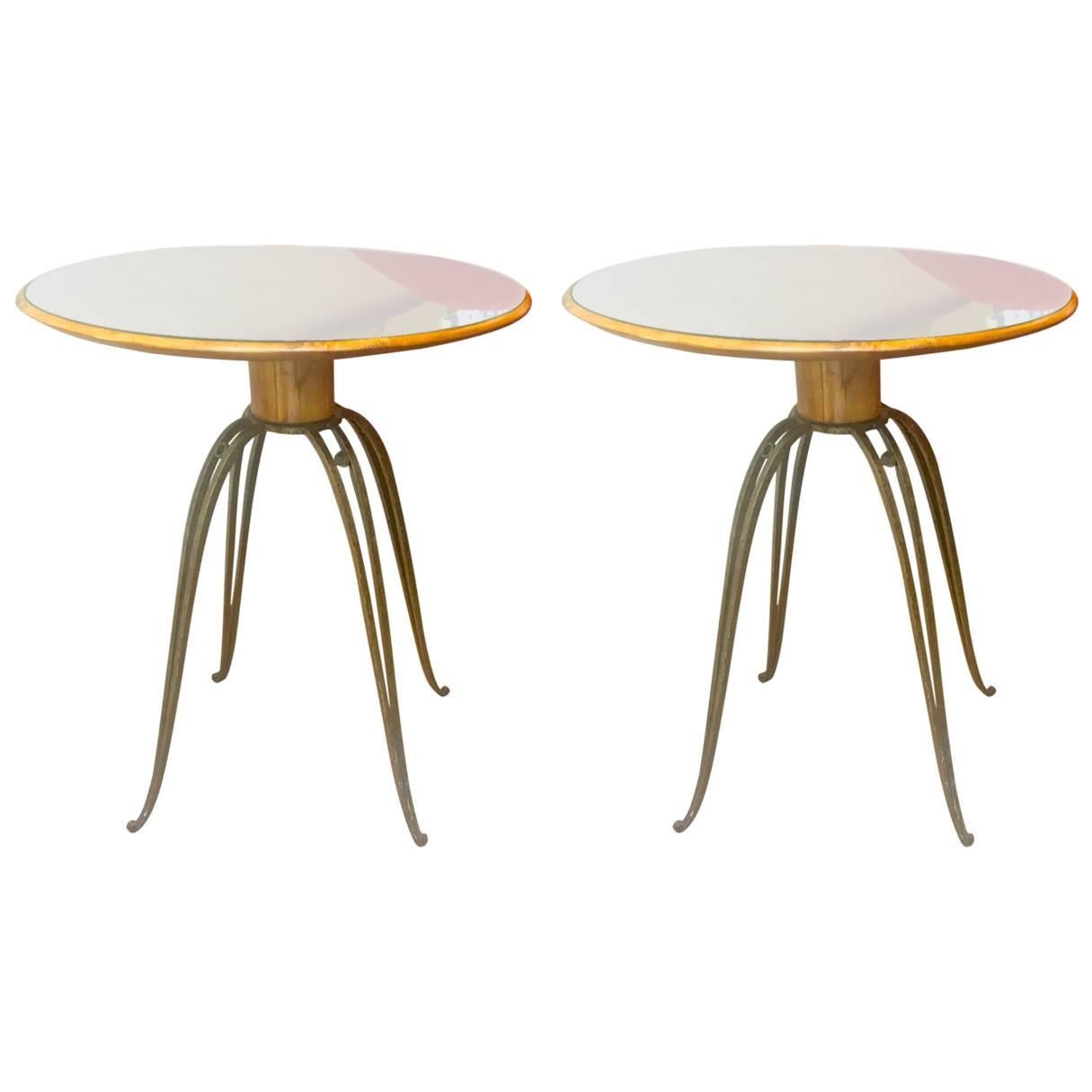 Rene Prou Rare Refined Pair of Side Table in Sycamore and Gold Leaf Wrought Iron For Sale