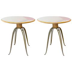 Rene Prou Rare Refined Pair of Side Table in Sycamore and Gold Leaf Wrought Iron