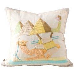 Vintage Egyptian Appliqué Pillow in Tan Turqoise Yellow 