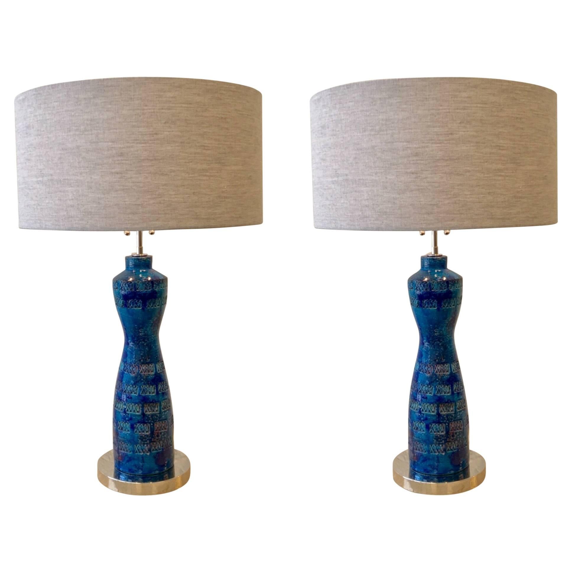 Pair of Italian Glazed Ceramic "Rimini Blue" and Nickel Table Lamps by Bitossi