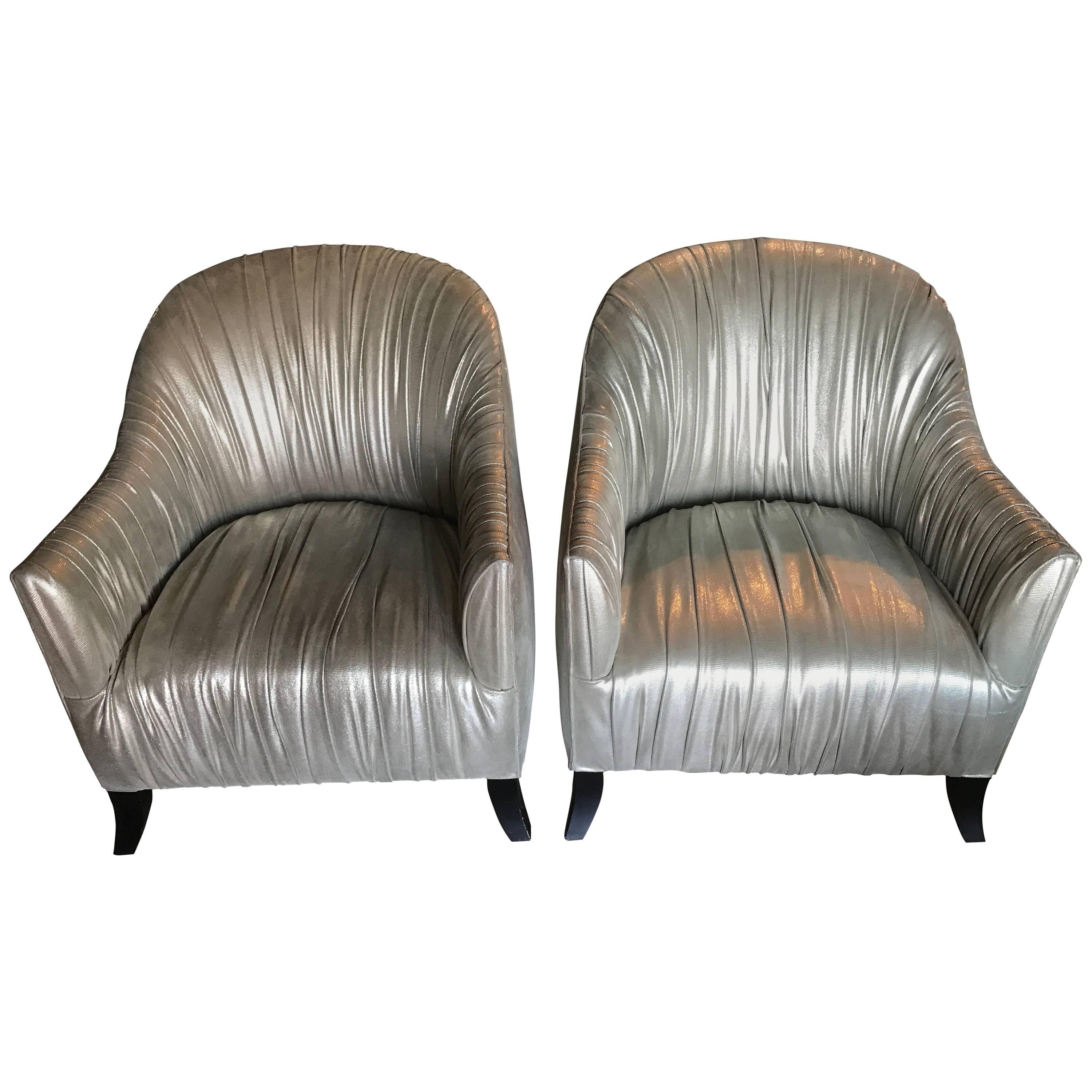  Pair of Hollywood Regency Modern Ruched Silver Metallic Leather Club Chairs