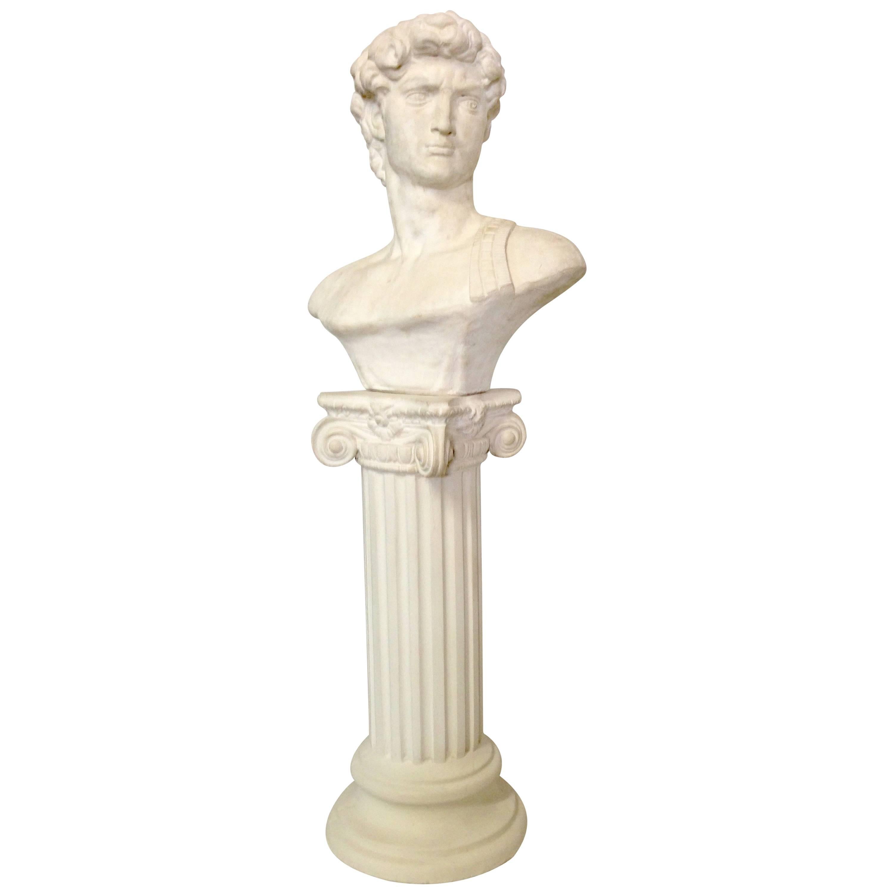 Vintage Life Size Concrete Male Roman Bust Sculpture and Pedestal For Sale