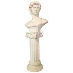 Vintage Life Size Concrete Male Roman Bust Sculpture and Pedestal