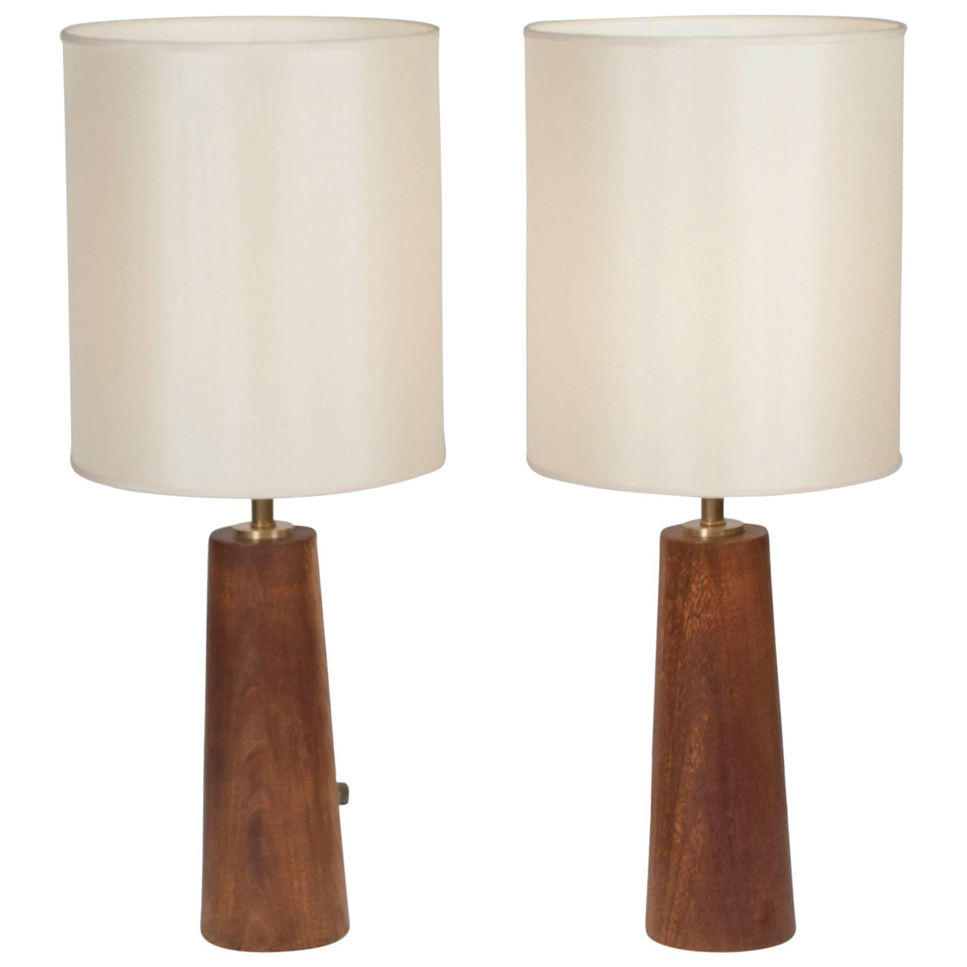 Pair of Turned Solid Mahogany Table Lamps, Danish, 1950s For Sale