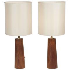 Pair of Turned Solid Mahogany Table Lamps, Danish, 1950s