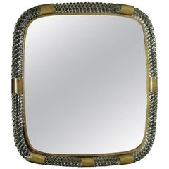 Mirror by Paolo Venini Wooden Panel Glass Frame Brass Vintage, Italy, 1950s