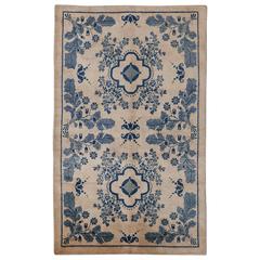 Antique Ivory Beijing Throw Rug with Unusual Floral Design