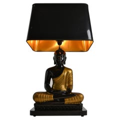 Vintage Large Buddha Table Lamp, black and gold , Europe, 1970s