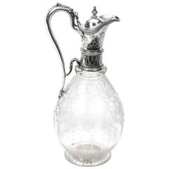 Antique Victorian Silver and Engraved Crystal Claret Jug Ewer Martin Hall, 1868