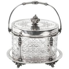 Antique Victorian Silver Plate and Crystal Biscuit Box William Hutton circa 1860