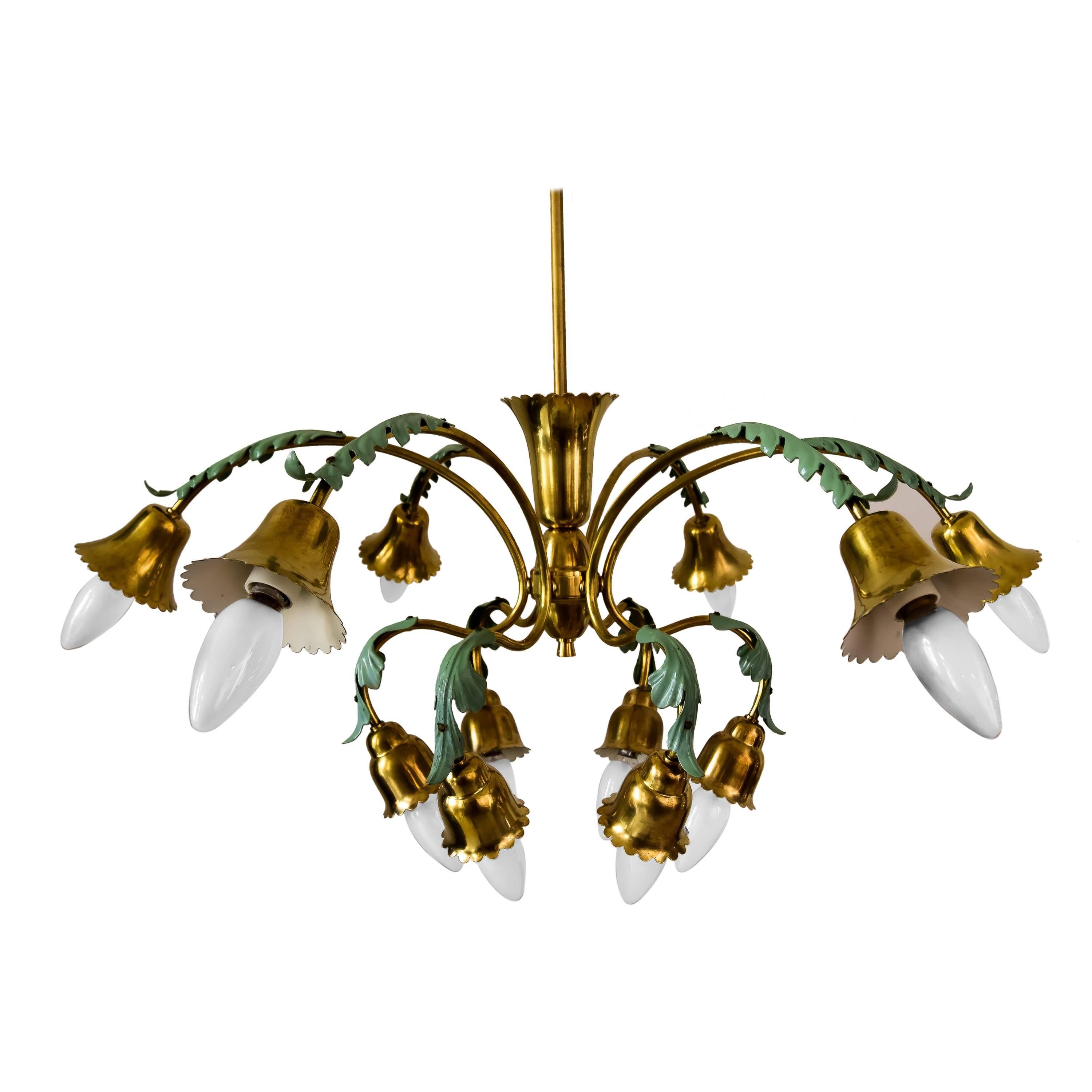12-Arm Chandelier with Green Leaves Italien, circa 1960s
