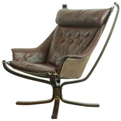 Used Winged Back Brown Leather Falcon Chair Designed by Sigurd Resell