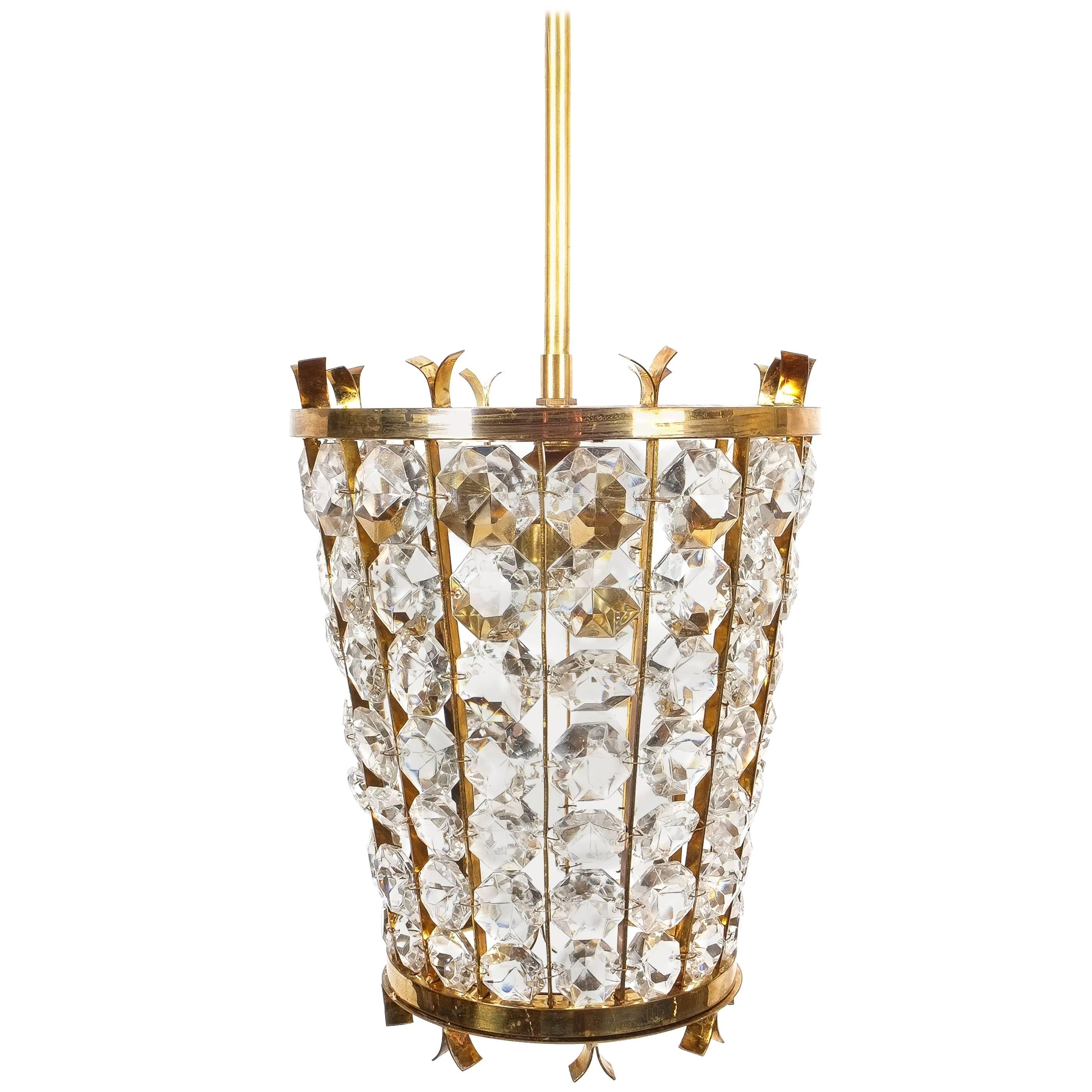 Bakalowits Sohne Lantern Pendant Lamp from Brass Crystal Glass, 1950 For Sale