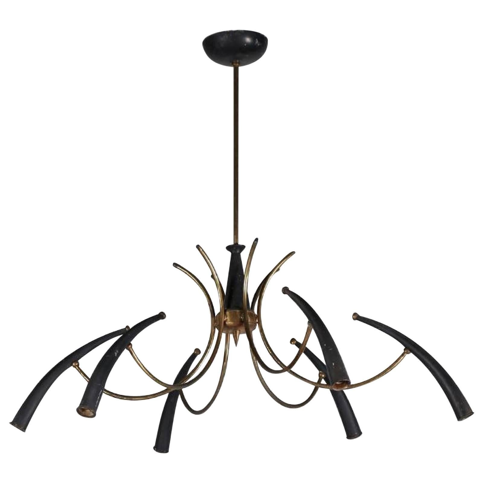 Mid 20th Century Lacquered and Brass Chandelier by Lumi Milano  For Sale
