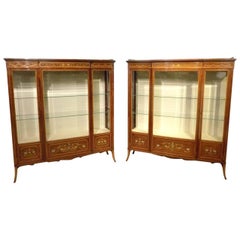 Stunning Quality Pair of Fiddleback Mahogany Inlaid Antique Display Cabinets