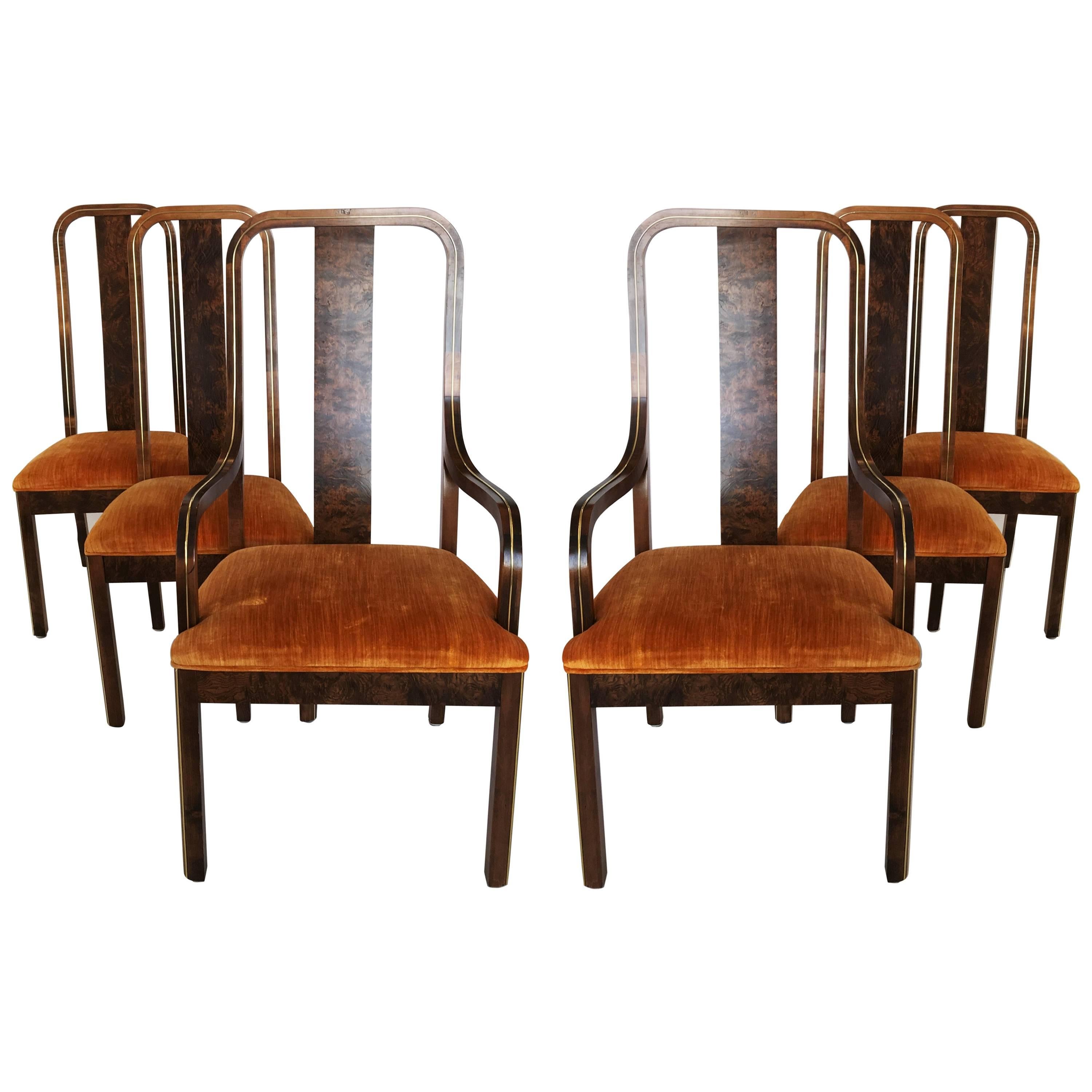 Set of Six Burl Wood and Brass Dining Chairs by Century Furniture For Sale