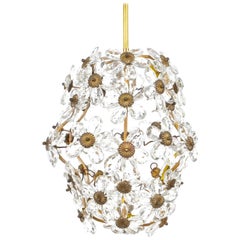 Petite Flower Crystal Glass Brass Chandelier, Italy, 1950