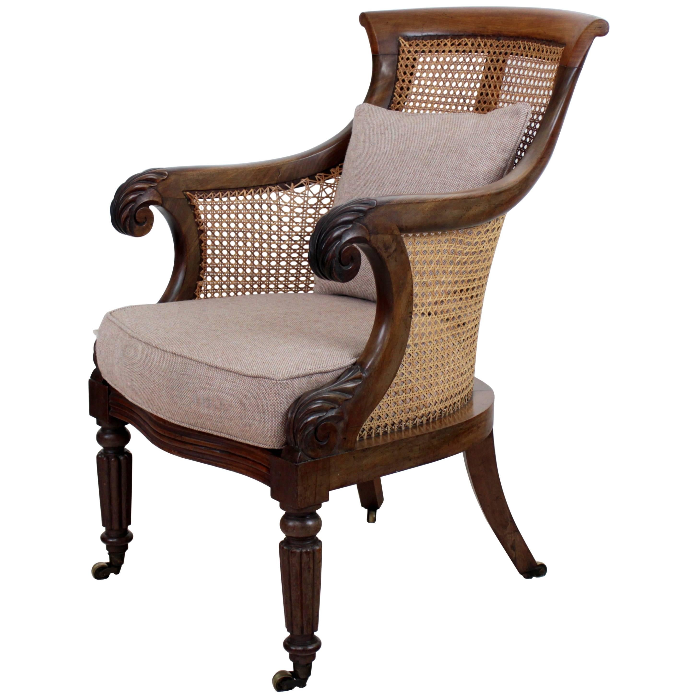 Regency Mahogany and Cane Filled English Library or Bergère Chair