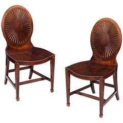 Pair of George III Mahogany and Purpleheart Hall Chairs, Manner of Mayhew & Ince