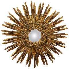 Huge Baroque Style Convex Giltwood Sunburst Mirror or Light Fixture, Spain, 1930