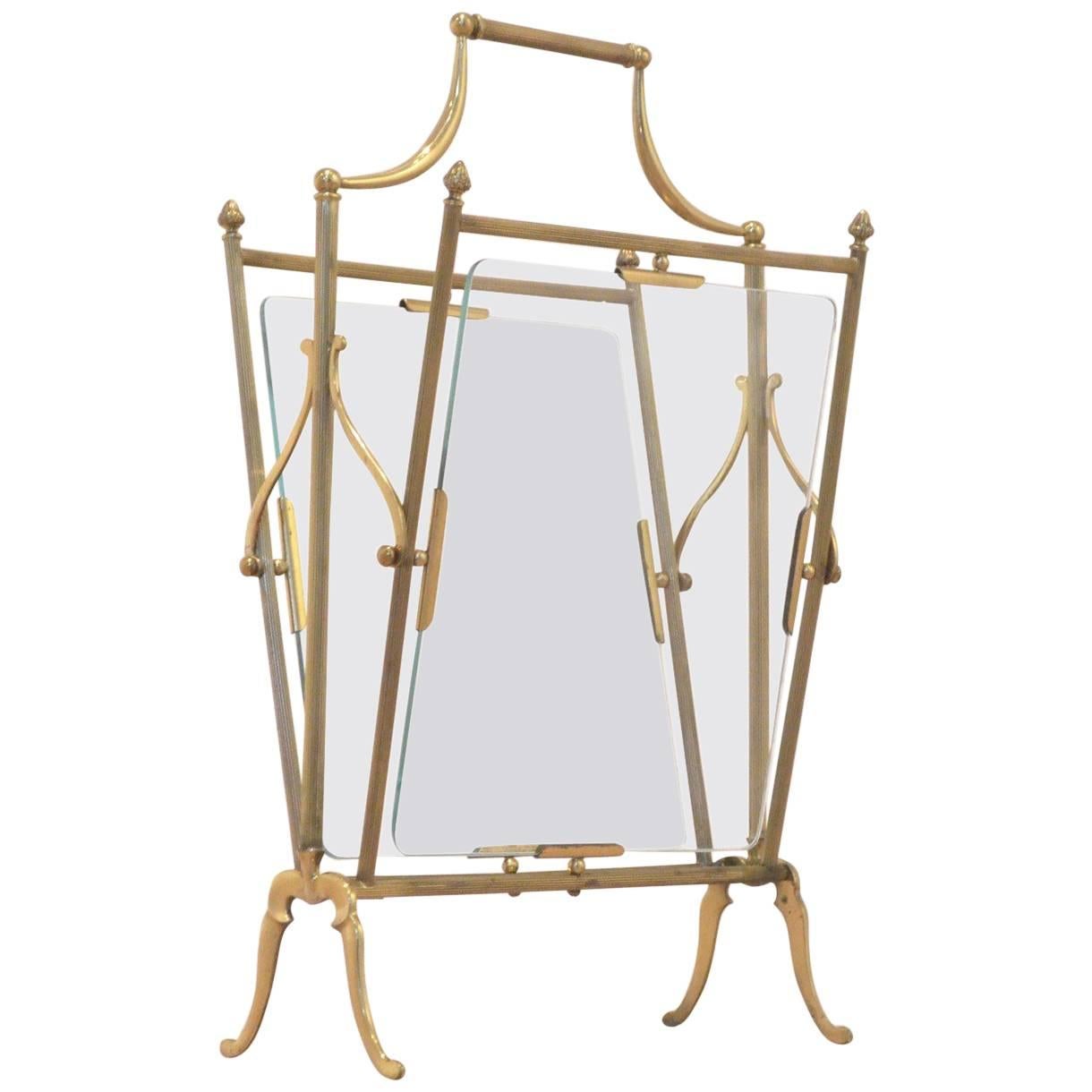 Mid-Century Neoclassic Design, Brass and Glass Newspaper Holder Magazine Rack For Sale