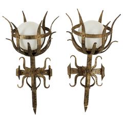 Torch Wall Sconces 144 For On 1stdibs Pair Of Large Gothic Style Gilt Iron Wall Sconces With Opaline Gl Globes