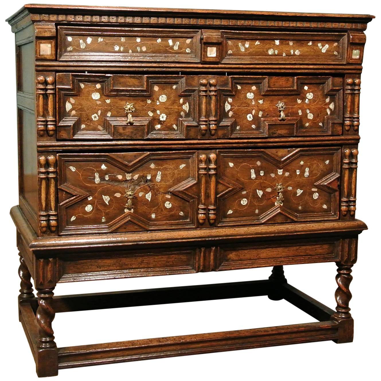 Charles II Oak Chest Inlaid with Ivory and Mother of Pearl, circa 1670