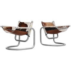 Italian Cowskin Lounge Chairs Brushed Steel, 1970