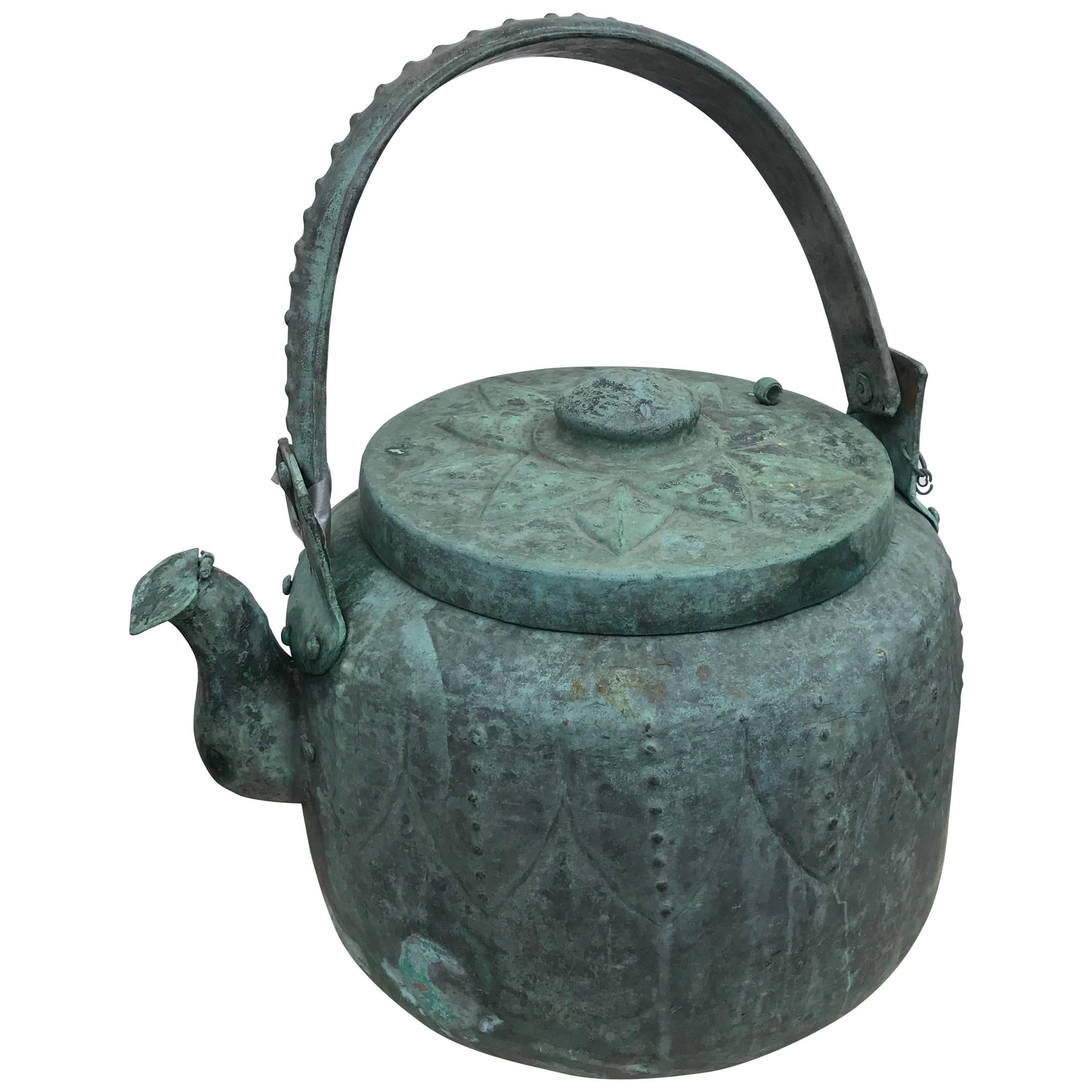 Japan Big Bronze Tea  Water Vessel "Lotus Leaf" Yakan, Blue Patina