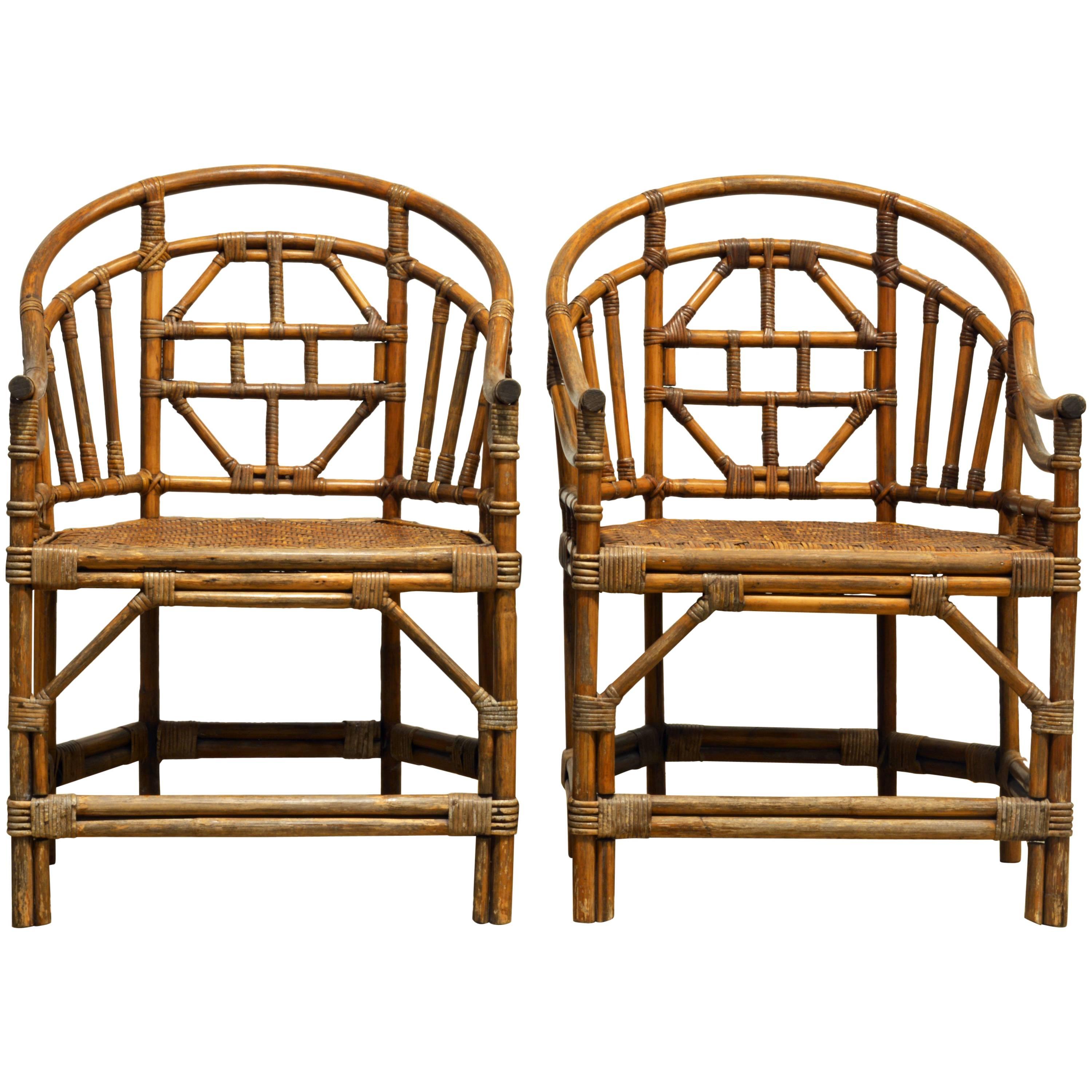 Pair of Brighton Chippendale Style Chinoiserie Horse Shoe Back Bamboo Chairs