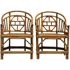 Vintage Pair of Brighton Chippendale Style Chinoiserie Horse Shoe Back Bamboo Chairs