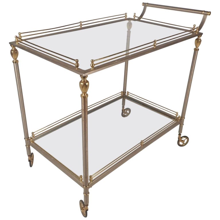 Mid-Century Modern Two-Tier Brass and Metal Serving Cart For Sale