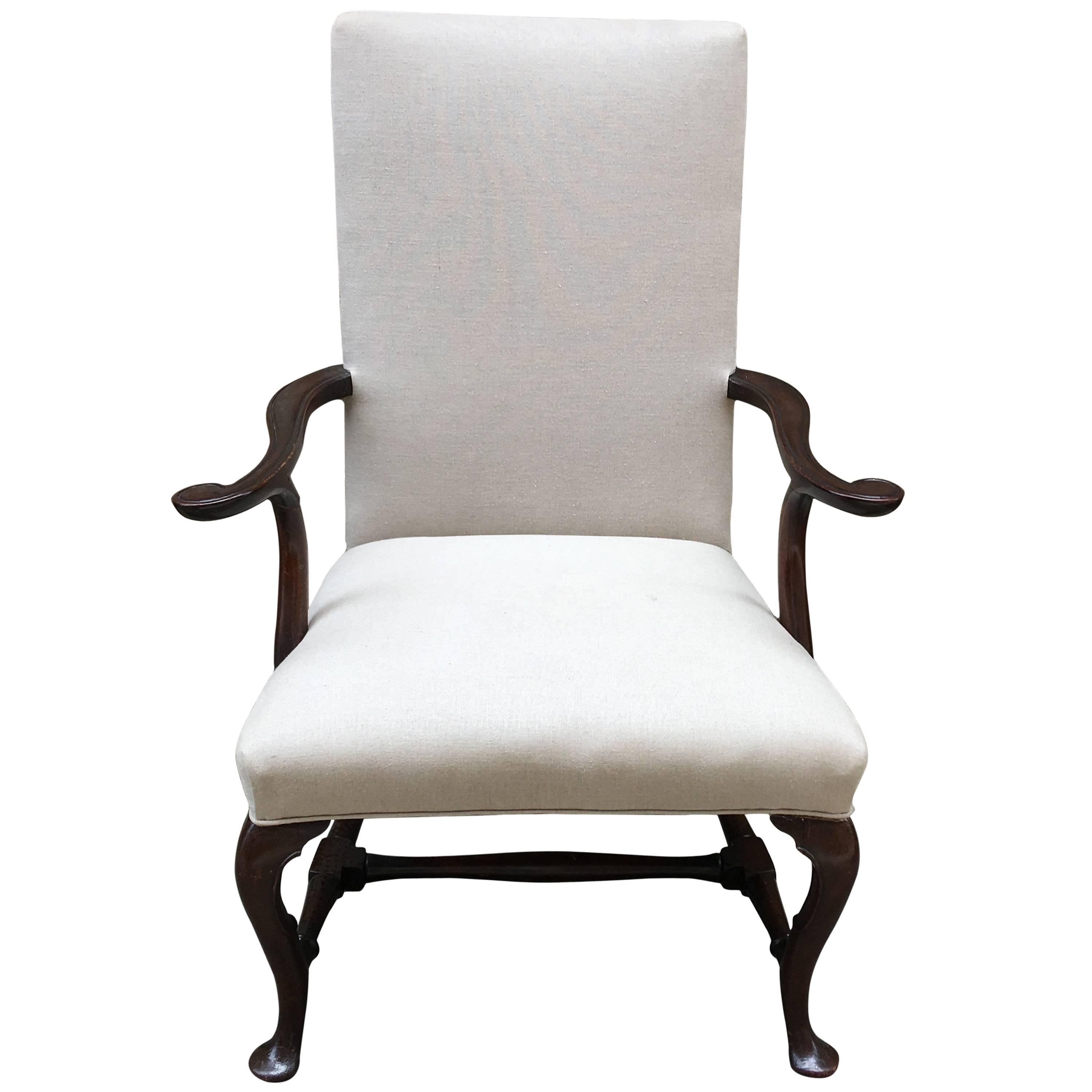 English Mahogany Armchair with Pad Foot and Turned Stretcher Base