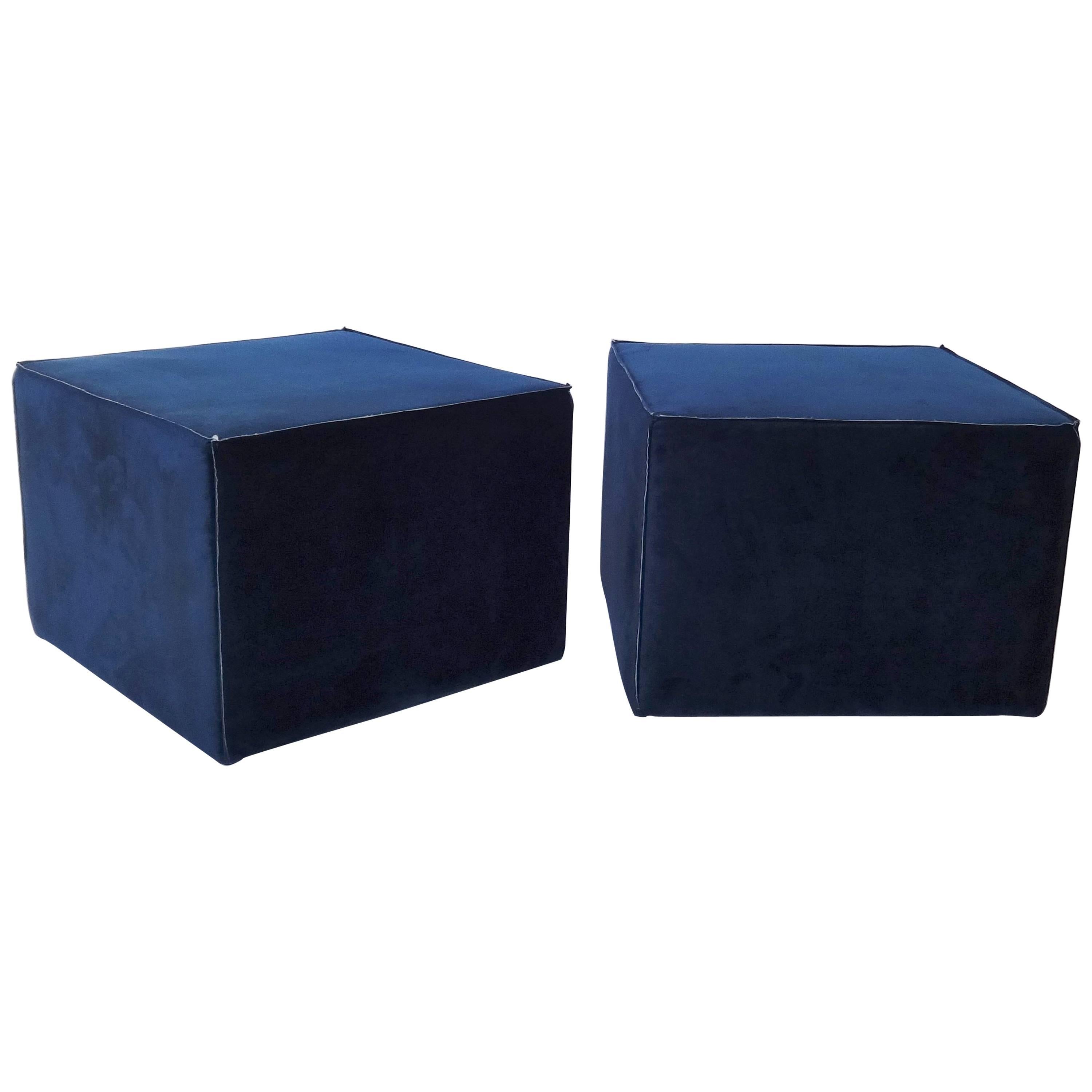 Large Navy Upholstered Ottomans For Sale