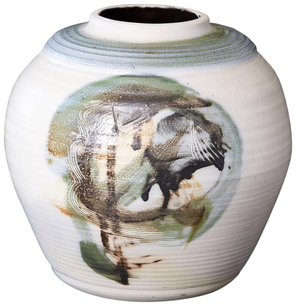Chris Staley, Large Pot with Hand-Painted Abstract Elements, Signed For Sale