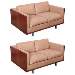 Pair of New Upholstered Milo Baughman Style Walnut Sofas