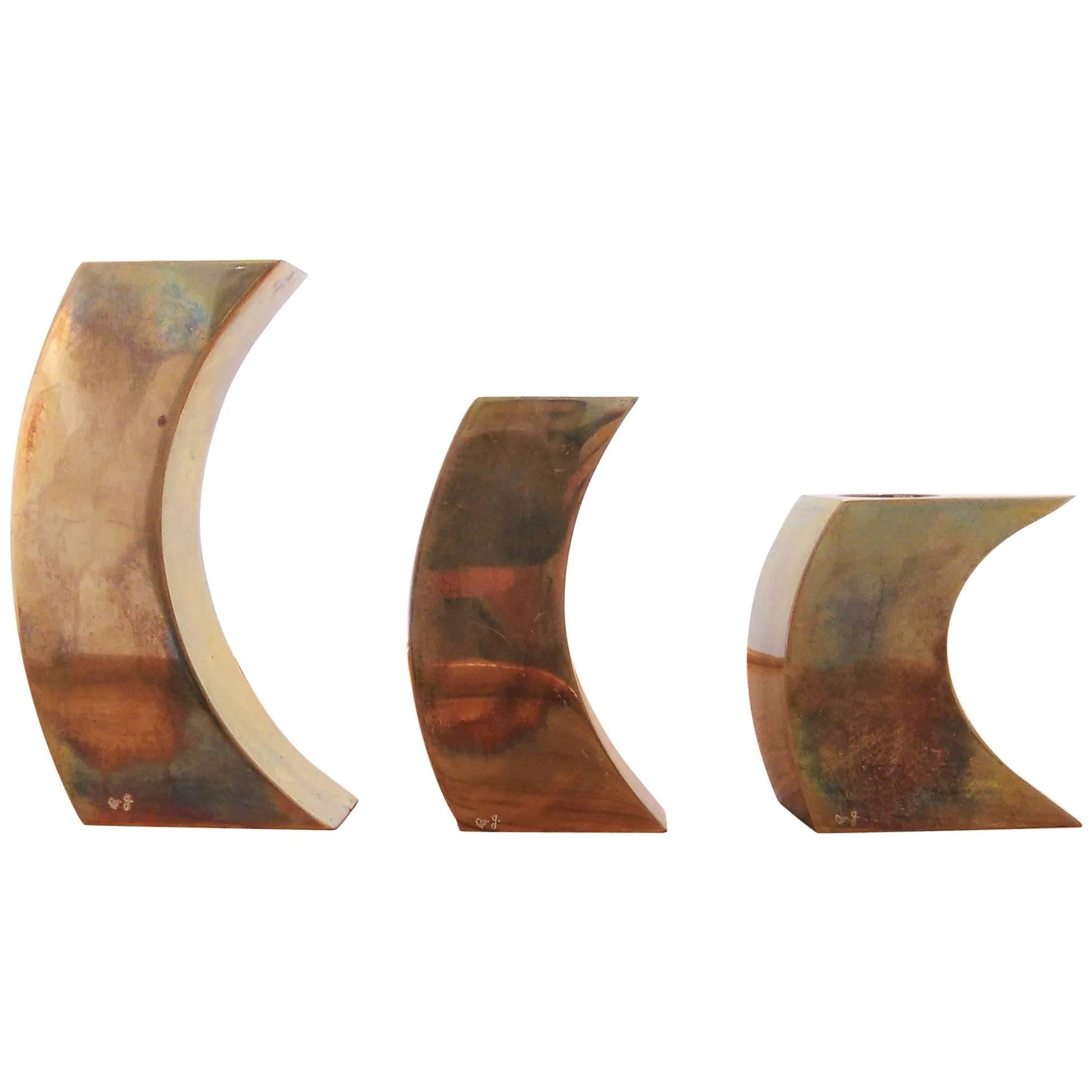 Signed Suite of Three Solid Patinated Bronze Candle Holders, France, 1970s