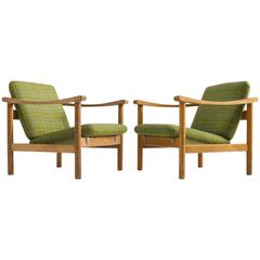 Hans Wegner Armchairs in Green Checked Fabric and Oak