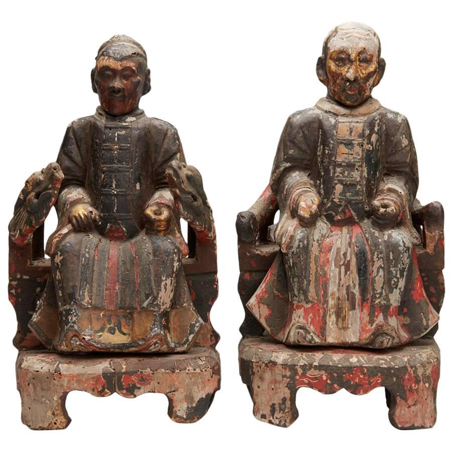 Antique Pair Chinese Carved Earth Gods on Thrones